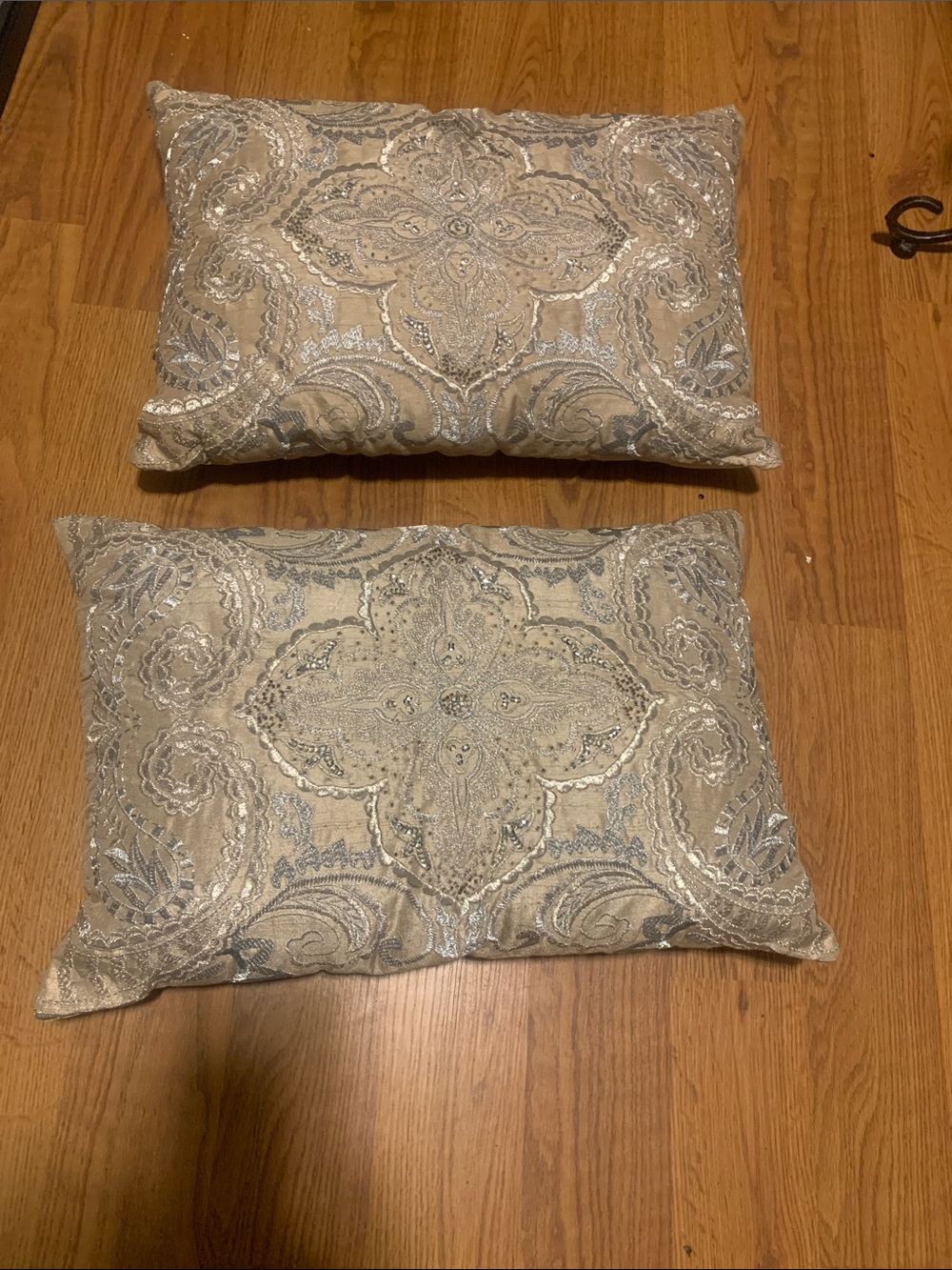Pier 1 Embellished Decorative Throw Pillow Pair 2 in Beige and Silver 19” x 13”